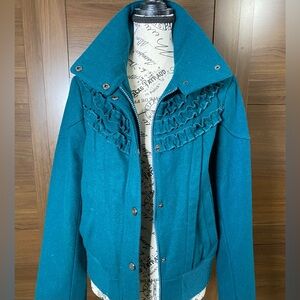 Steve Madden Vintage Teal Bomber Jacket with Ruffle Detail